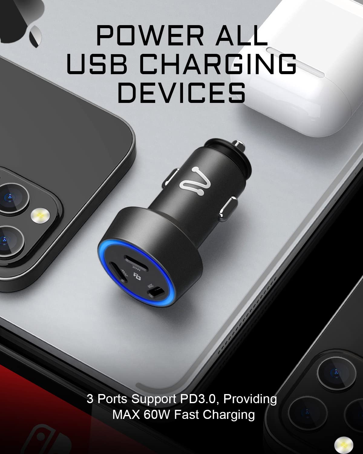 USB C Car Charger, Aergiatech 60W(20W Each) PD 3.0 Fast Car Charger Adapter 3-Port, Type C Car Charger Compatible with iPhone 13/13 Pro/12/12 Pro/11/X/SE, Galaxy S21/S20/Note20, iPad,Black