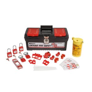 brady electrical lockout tagout kit - hasps, clamp on, universal multipole circuit breaker lockouts, loto tags, plug, cable lockout, 3 red keyed different safety padlocks (1 key per lock) - 153670