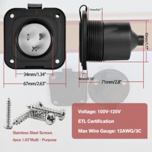 RVXHUA 15 Amp Flanged Inlet | Waterproof RV Shore Power Flanged Receptacle | NEMA 5-15 2 Pole 3-Wire AC Port Plug | 125V Recessed Male Outlet Generator Receptacle for RV Shed Marine Boat