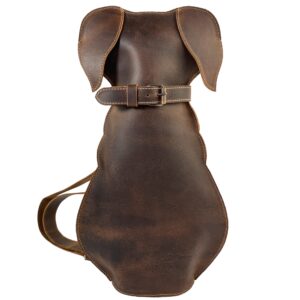 hide & play, dog-shaped backpack, pet lover accessory, crossbody bag, travel backpack, full grain leather, handmade, bourbon brown