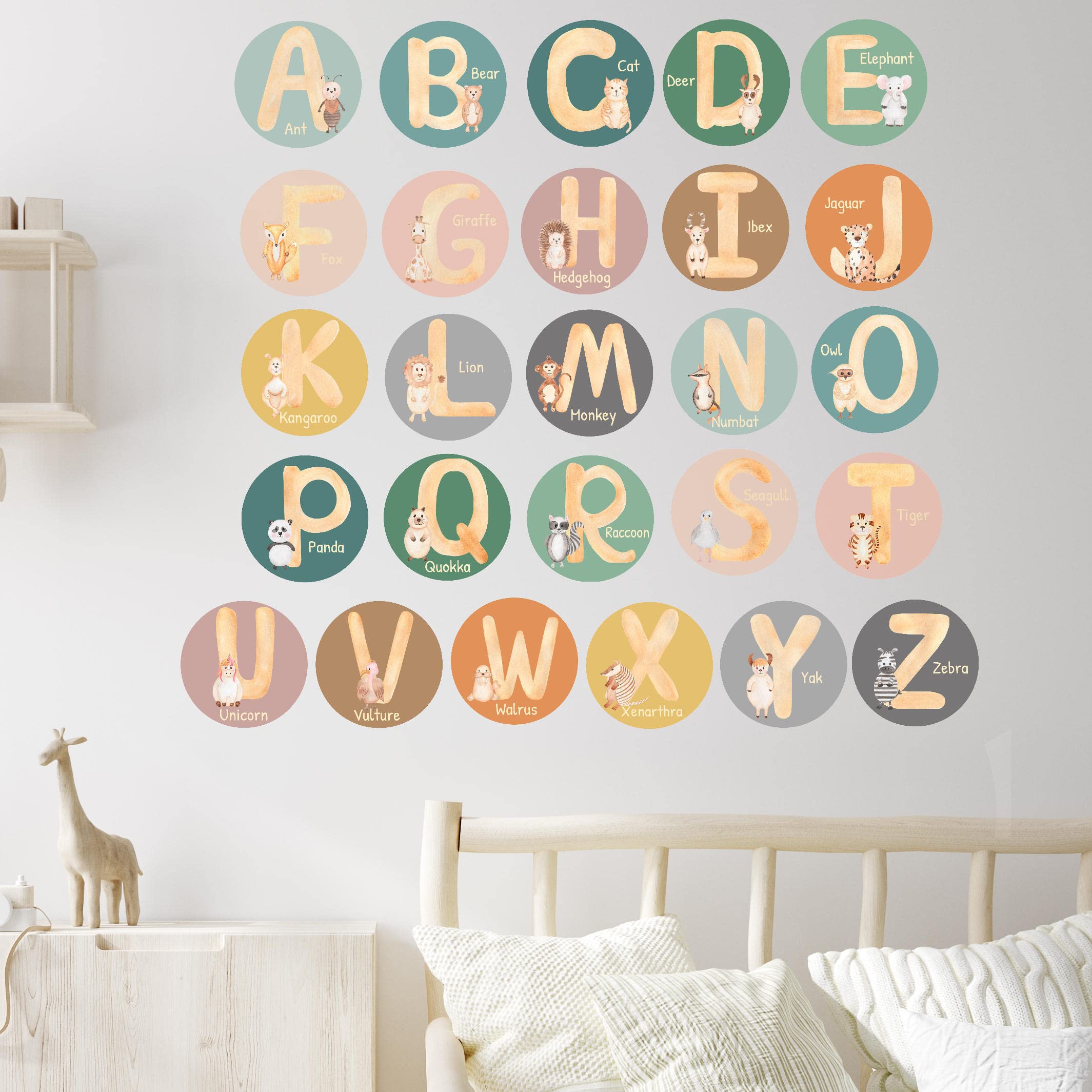 Alphabet Wall Decals for Classroom - 5 Inch Nursery Alphabet Letters for Wall - ABC Wall Decals for Kids Rooms - ABC Wall Chart for Toddlers Learning - Boho Rainbow Animal Alphabet A B C Decals