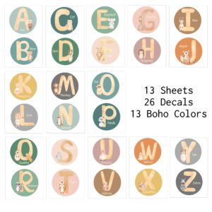 Alphabet Wall Decals for Classroom - 5 Inch Nursery Alphabet Letters for Wall - ABC Wall Decals for Kids Rooms - ABC Wall Chart for Toddlers Learning - Boho Rainbow Animal Alphabet A B C Decals