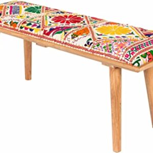 Hauteloom Dilkon Upholstered Entryway Bedroom Bench - Patchwork Style - Foot Stool - Red, Yellow, Green, Colorful - 18" x 45" x 15"