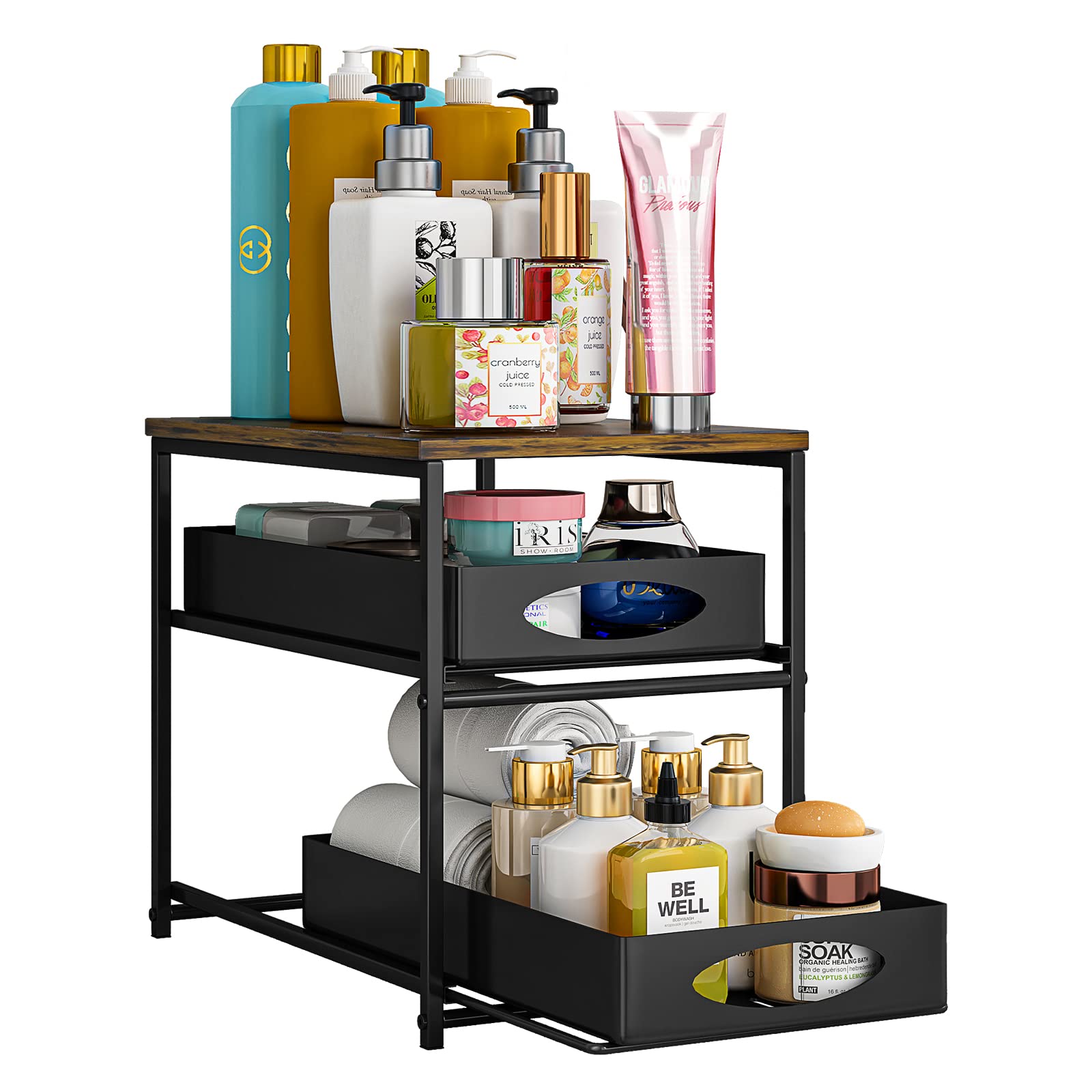 LEGUANG Under Sink Organizer with Tabletop, Under Sliding Cabinet Basket Organizer, Bathroom Storage Rack with Sliding Drawers, Mesh