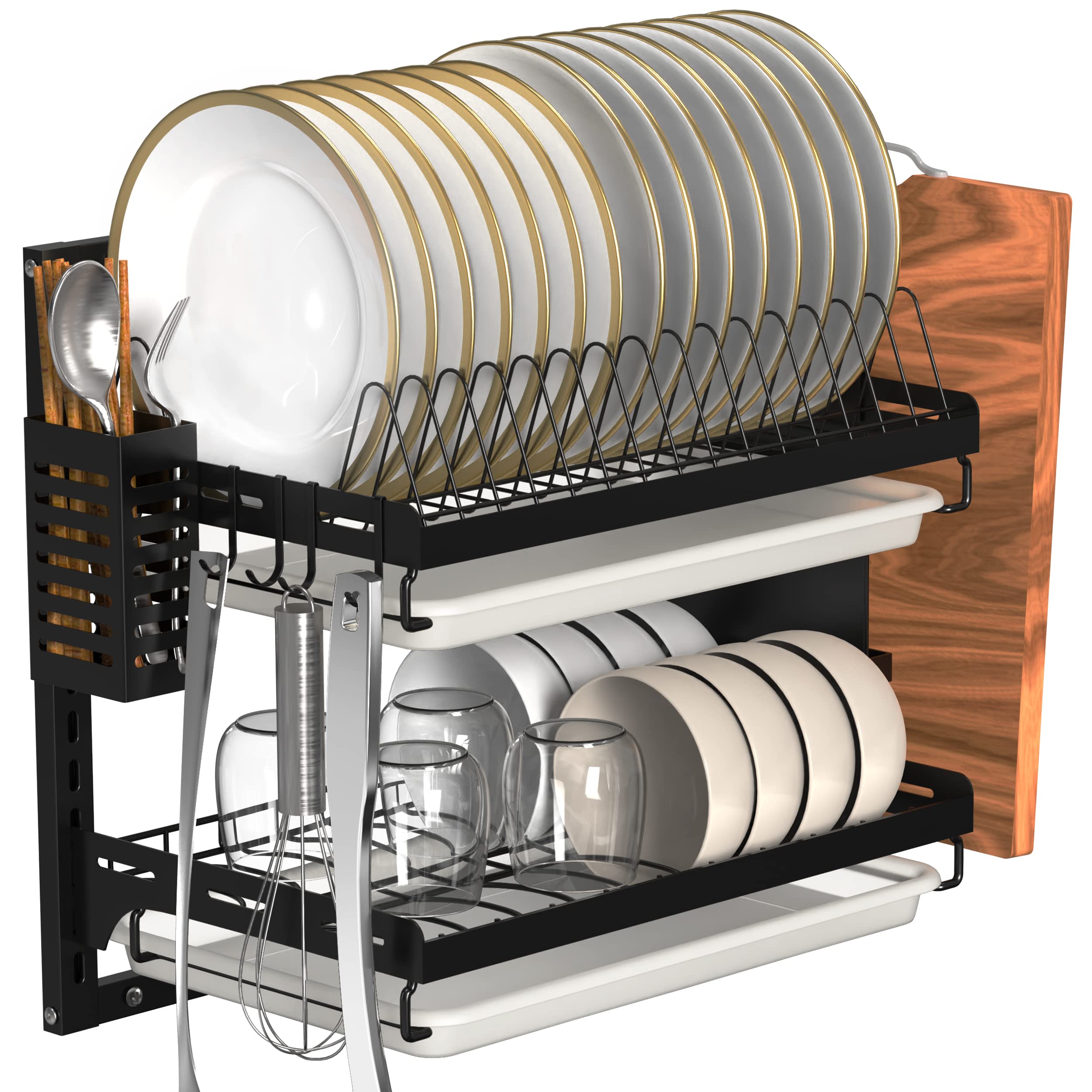 Couguarack Wall Mounted Dish Drying Rack, Stainless Steel Dish Rack for Kitchen, Large Storage Rack with Utensil Holder -2 Tier