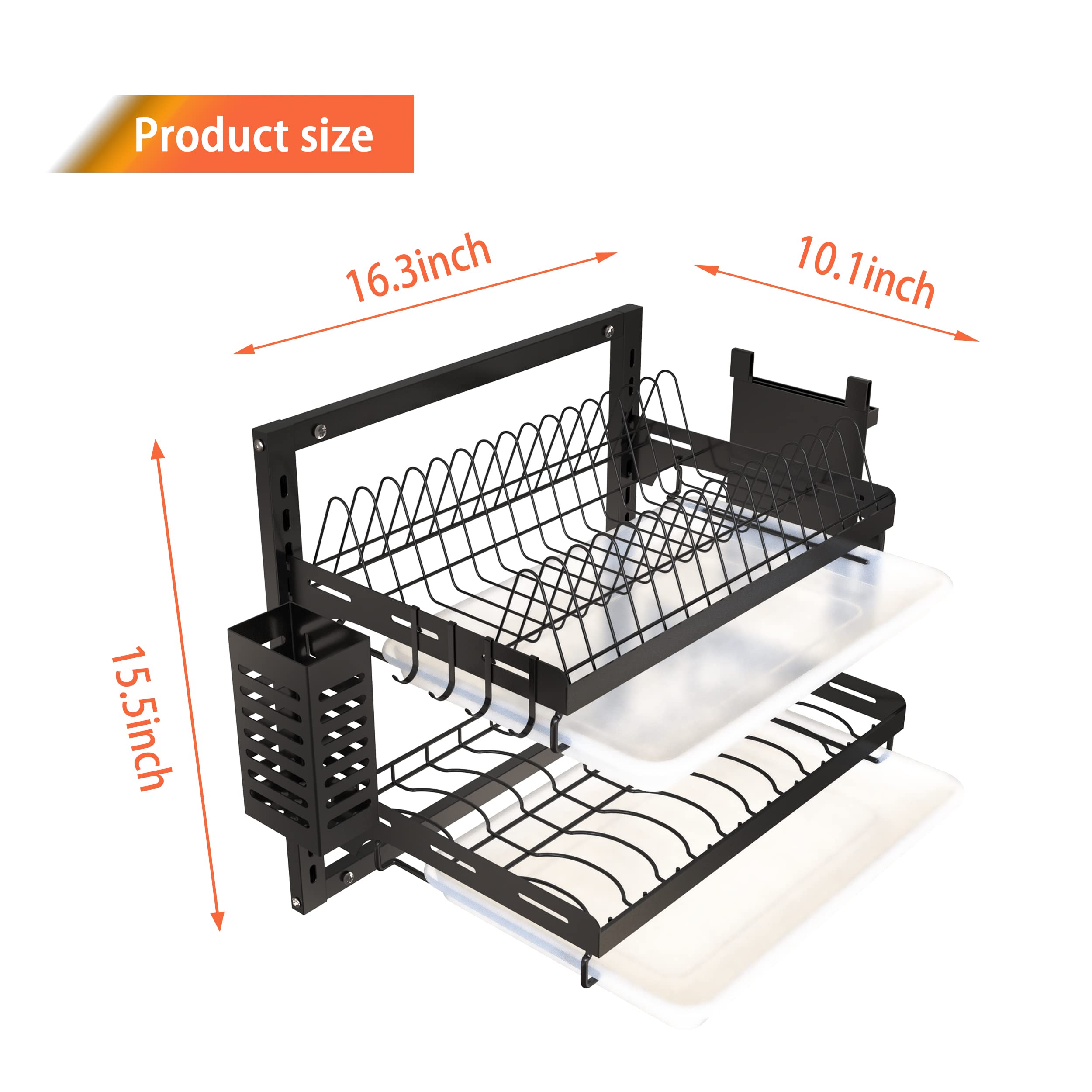 Couguarack Wall Mounted Dish Drying Rack, Stainless Steel Dish Rack for Kitchen, Large Storage Rack with Utensil Holder -2 Tier