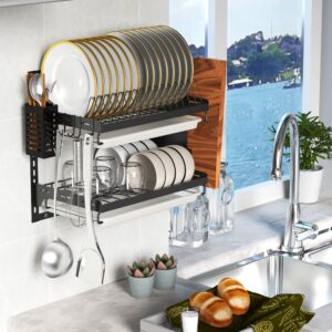 Couguarack Wall Mounted Dish Drying Rack, Stainless Steel Dish Rack for Kitchen, Large Storage Rack with Utensil Holder -2 Tier