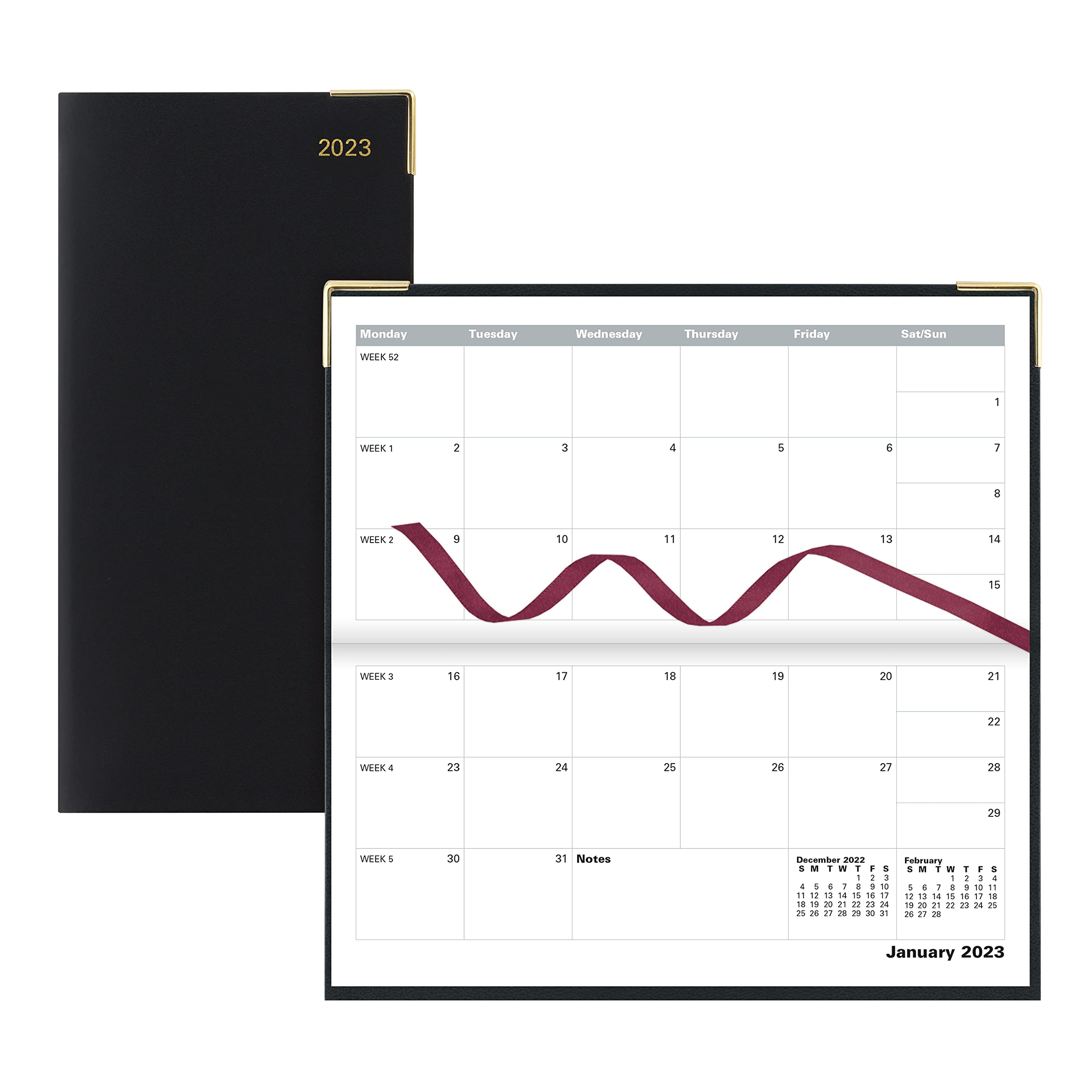 Letts Roma Monthly Planner, Slim Size, 13 Months, January 2023 to January 2024, Month-to-View, Horizontal, Gold Corners, 6.625" x 3.25", Black (C13SBK-23)