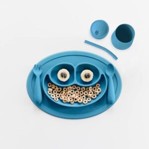 ezpz mini collection set (blue) - 100% silicone cup + straw, fork, spoon & mini mat suction plate with built-in placemat for infants + toddlers - first foods + self-feeding - 12 months+