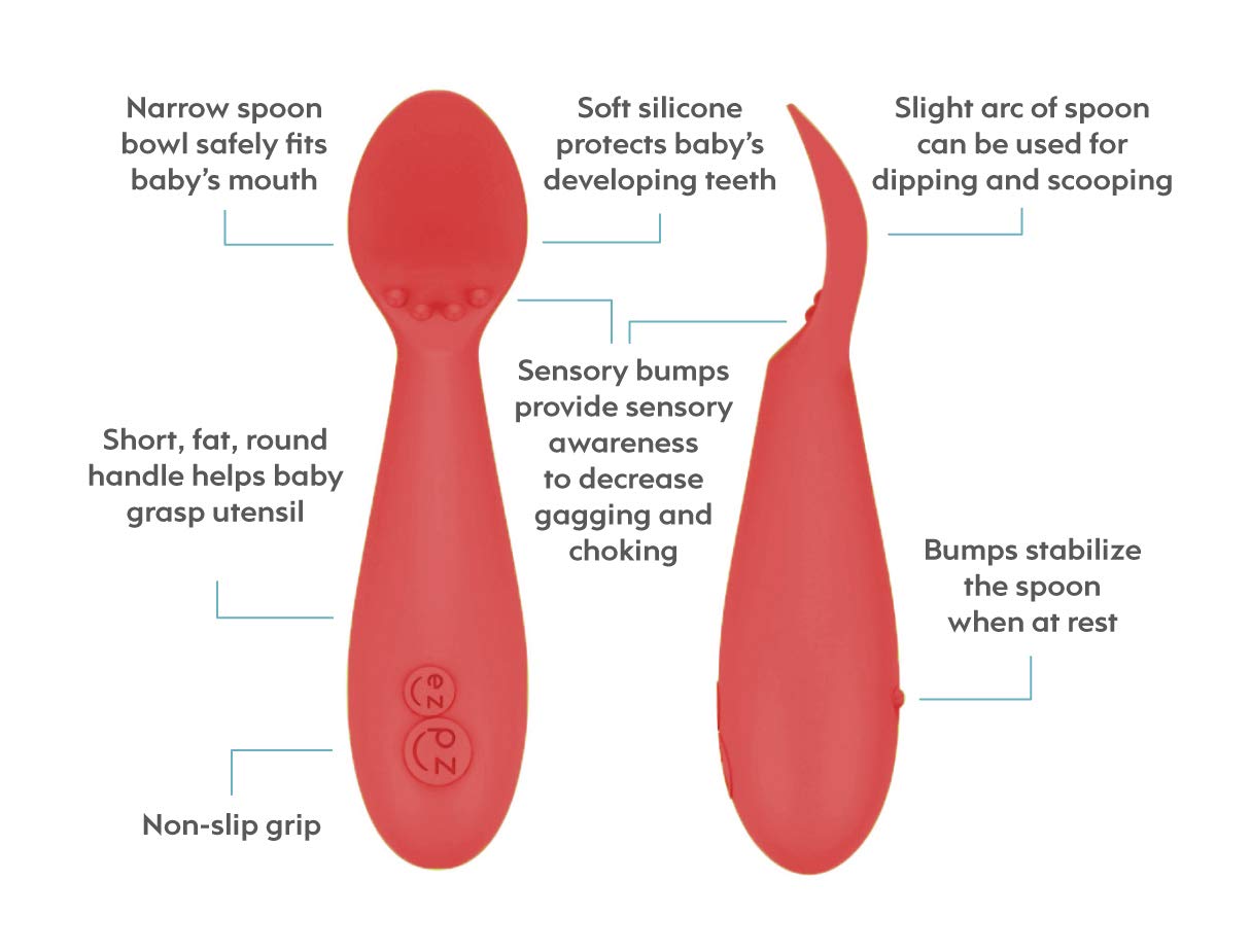 ezpz Tiny Collection Set (Coral) - 100% Silicone Cup, Spoon & Bowl with Built-in Placemat for First Foods + Baby Led Weaning + Purees - Designed by a Pediatric Feeding Specialist - 6 Months+