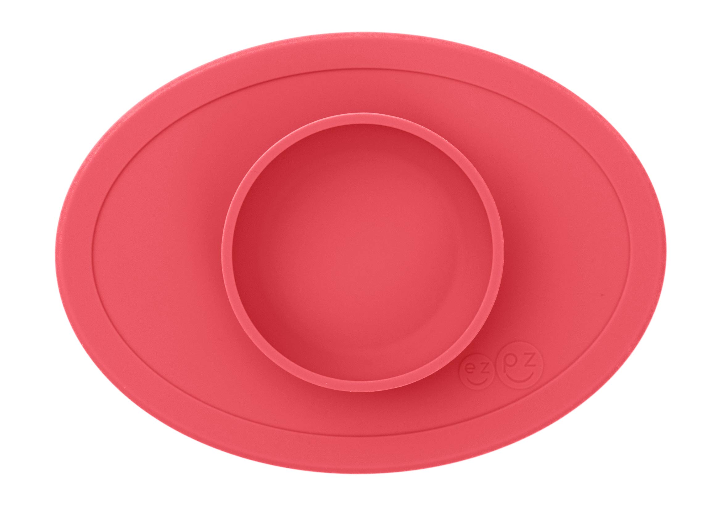 ezpz Tiny Collection Set (Coral) - 100% Silicone Cup, Spoon & Bowl with Built-in Placemat for First Foods + Baby Led Weaning + Purees - Designed by a Pediatric Feeding Specialist - 6 Months+