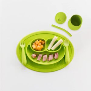 ezpz mini collection set (lime) - 100% silicone cup + straw, fork, spoon & mini mat suction plate with built-in placemat for infants + toddlers - first foods + self-feeding - 12 months+