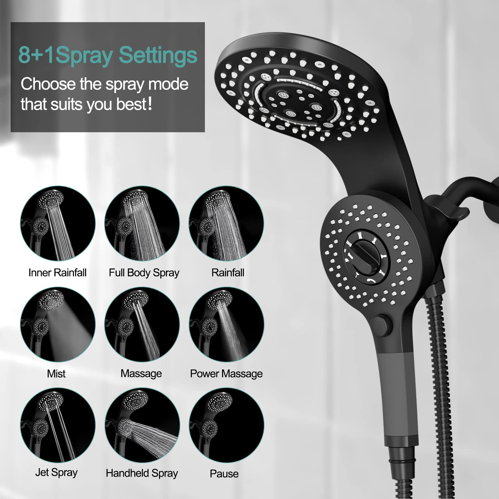 SR SUN RISE Magnetic Shower Faucet with Handheld Sprayer 2-in-1 Dual Shower Head with 8-Spray Hand Held Shower Wand and ON/OFF Switch for Saving Water 1.8 GPM Shower Combo, Matte Black