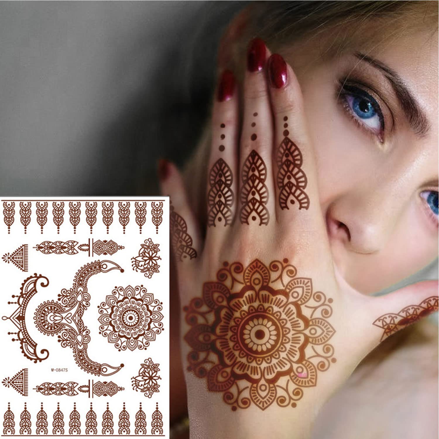 6 Sheets Brown Henna Temporary Tattoo Stickers Lace Pattern Fake Tattoos Mystery Sexy Mandala Flower Body Art Design Waterproof Henna Sticker for Women Girls DIY on Body Face Arms Legs (Brown)