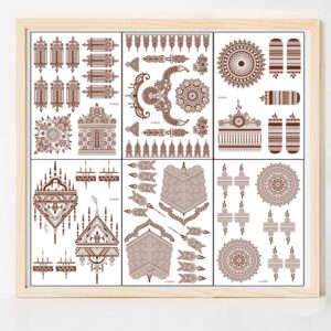 6 Sheets Brown Henna Temporary Tattoo Stickers Lace Pattern Fake Tattoos Mystery Sexy Mandala Flower Body Art Design Waterproof Henna Sticker for Women Girls DIY on Body Face Arms Legs (Brown)