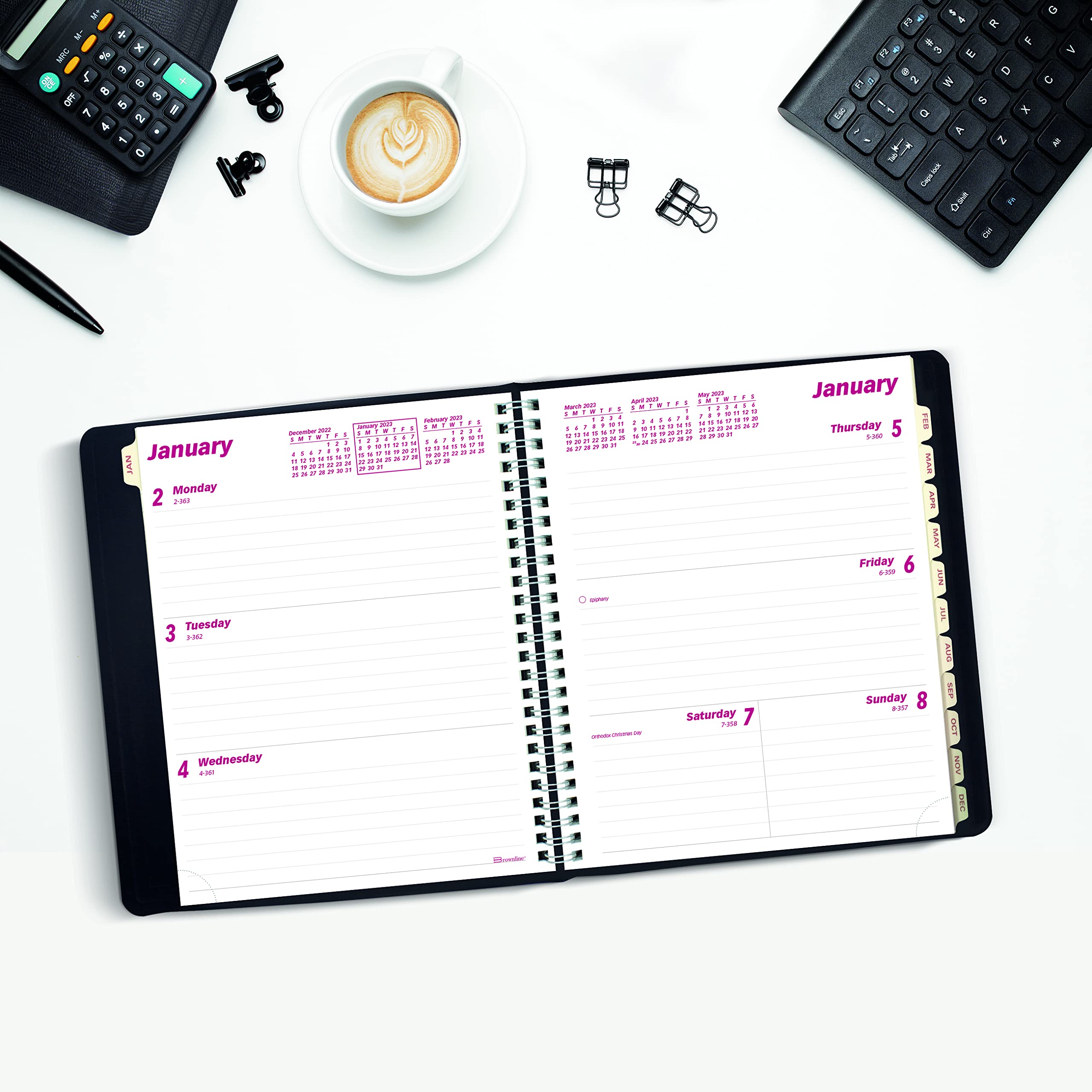 Brownline 2023 Essential Weekly/Monthly Planner, 12 Months, January to December, Twin-Wire Binding, 8.5" x 6.75", Black (CB850.BLK-23)