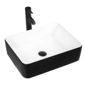 kgar rectangular bathroom sink, 19" x 15" above counter porcelain ceramic vessel sink with faucet and pop up drain combo,black and white