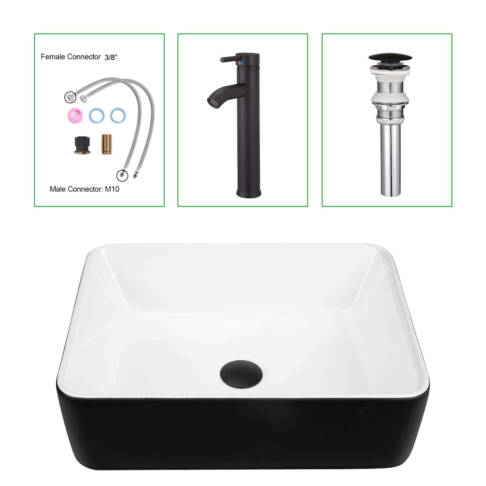 KGAR Rectangular Bathroom Sink, 19" x 15" Above Counter Porcelain Ceramic Vessel Sink with Faucet and Pop up Drain Combo,Black and White