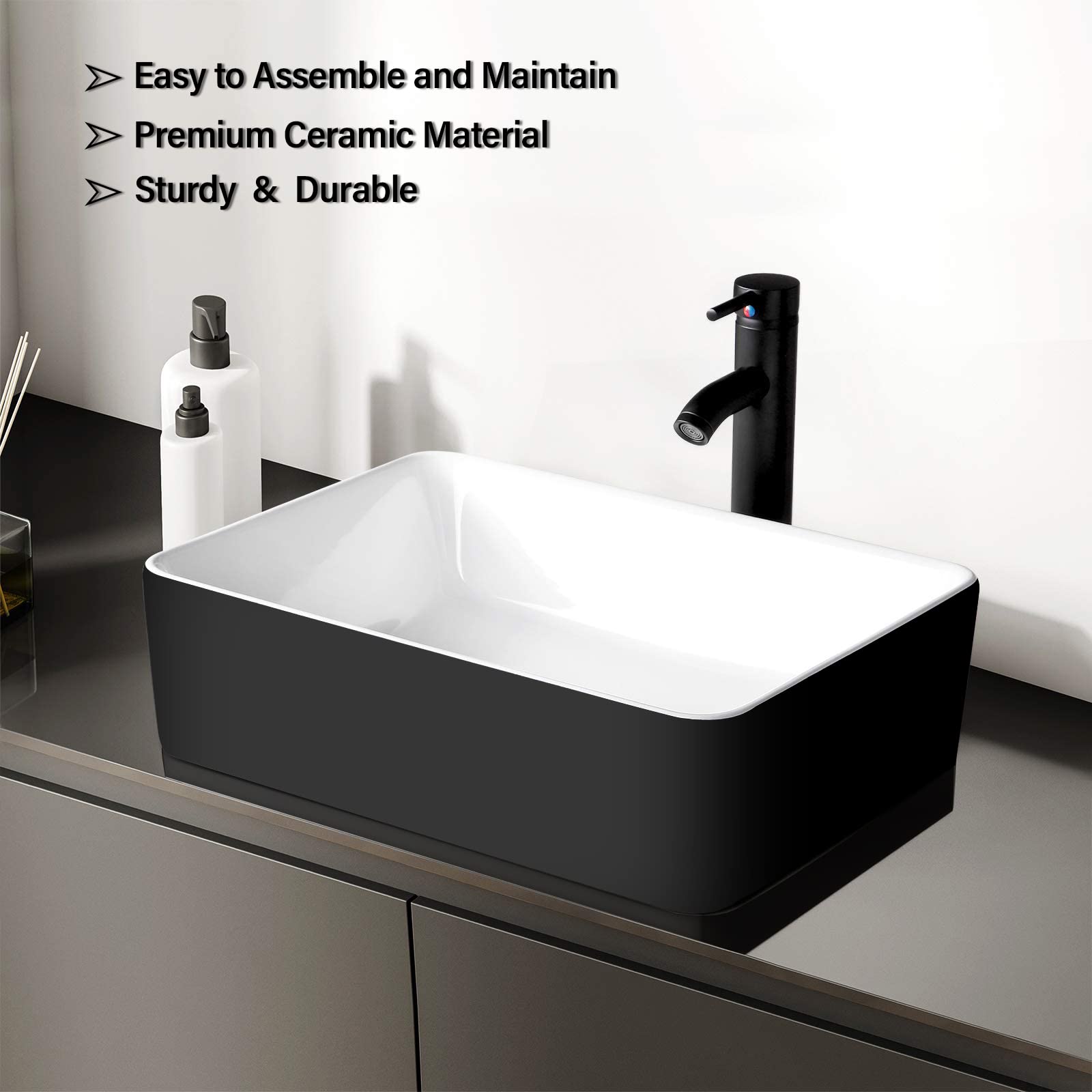 KGAR Rectangular Bathroom Sink, 19" x 15" Above Counter Porcelain Ceramic Vessel Sink with Faucet and Pop up Drain Combo,Black and White