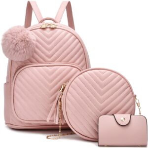 i ihayner mini backpack for women 3-pcs leather backpack purse small backpacks for women ladies pompom backpack shoulder bag pink