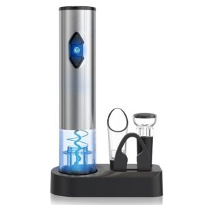 circle joy 5-in-1 electric wine opener gift set stainless steel electric wine bottle opener battery operated corkscrew with foil cutter, wine pour, wine stopper and storage base, silver