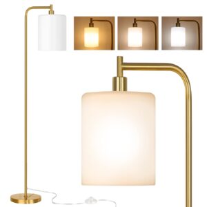 qimh floor lamps for living room, modern led standing reading light for bedroom with glass shade, tall gold industrial 3 colors dimmable pole lamp with foot control for home office corner decor