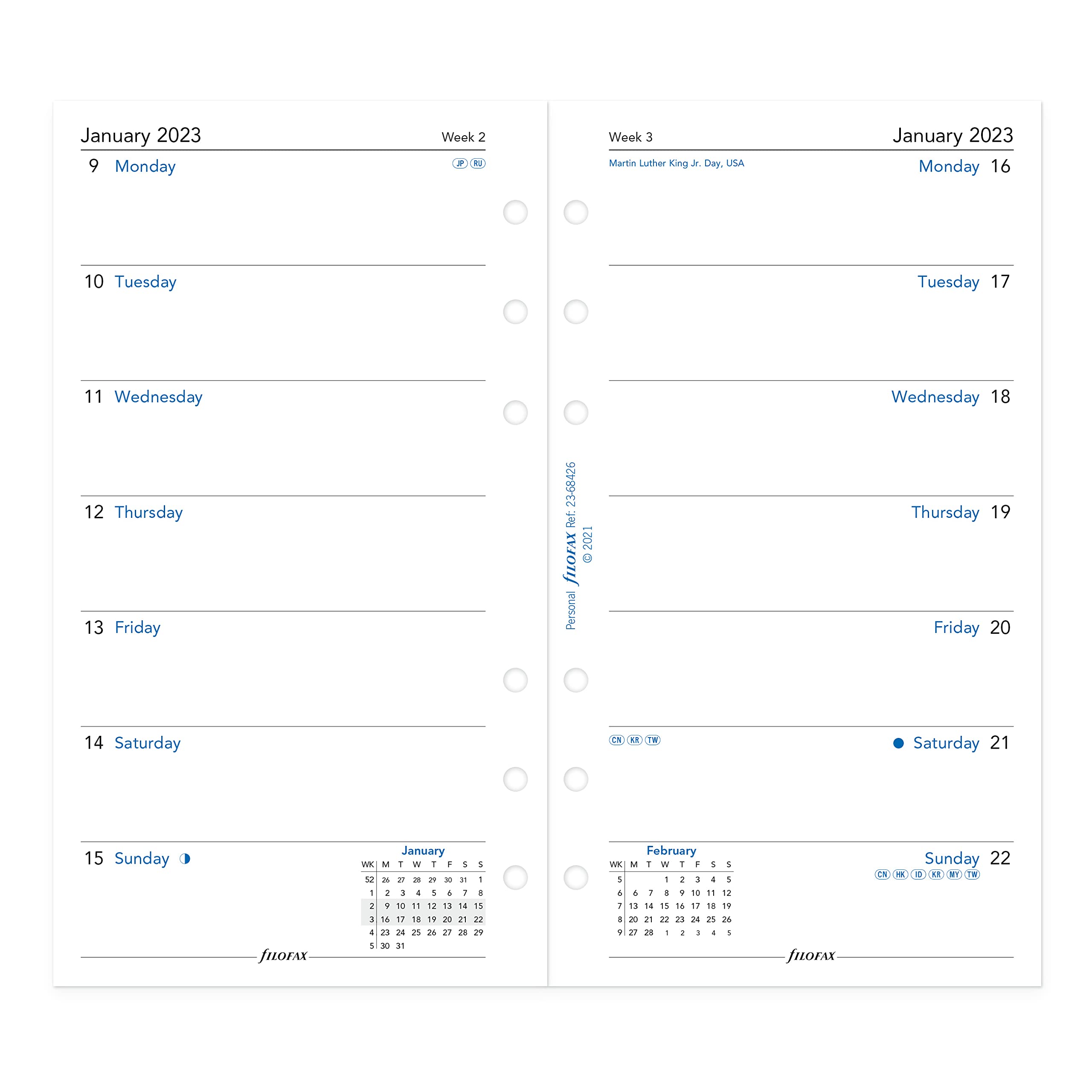 Filofax Refill, Personal/Compact Size, Week on One Page, White Paper, Unruled, English, 2023 (C68426-23)