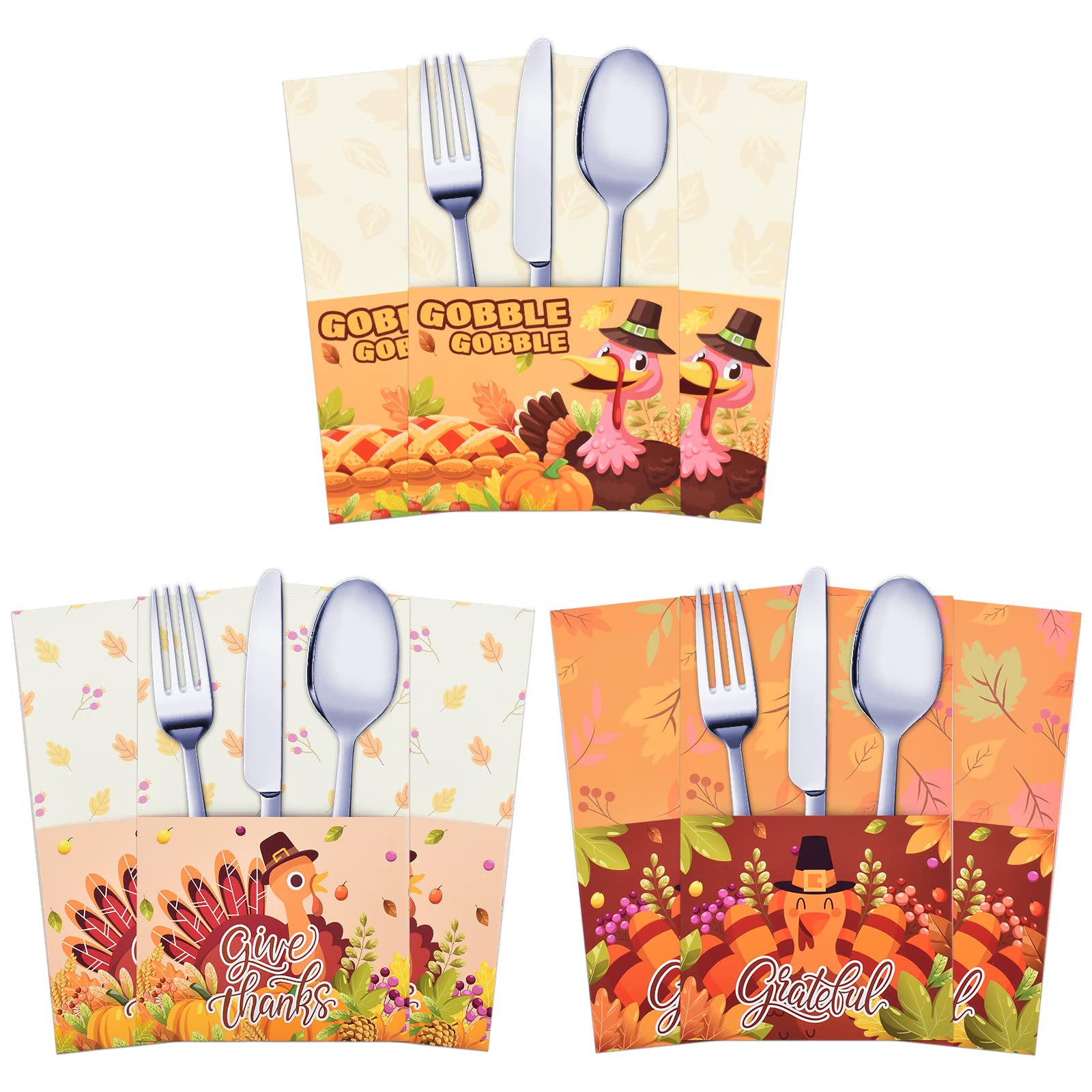 Tom Turkey Thanksgiving Cutlery Holder Set, Utensil Holder for Thanksgiving Turkey Party Table Decorations and Autumn Fall Harvest Party Table Decoration, 24 pack, Mix 3 designs