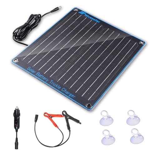 Nicesolar 10W 12V Solar Panel Car Battery Trickle Charger & Maintainer with Cigarette Lighter Plug & Alligator Clip for Car Automotive Motorcycle Boat Marine Snowmobile Watercraft RV