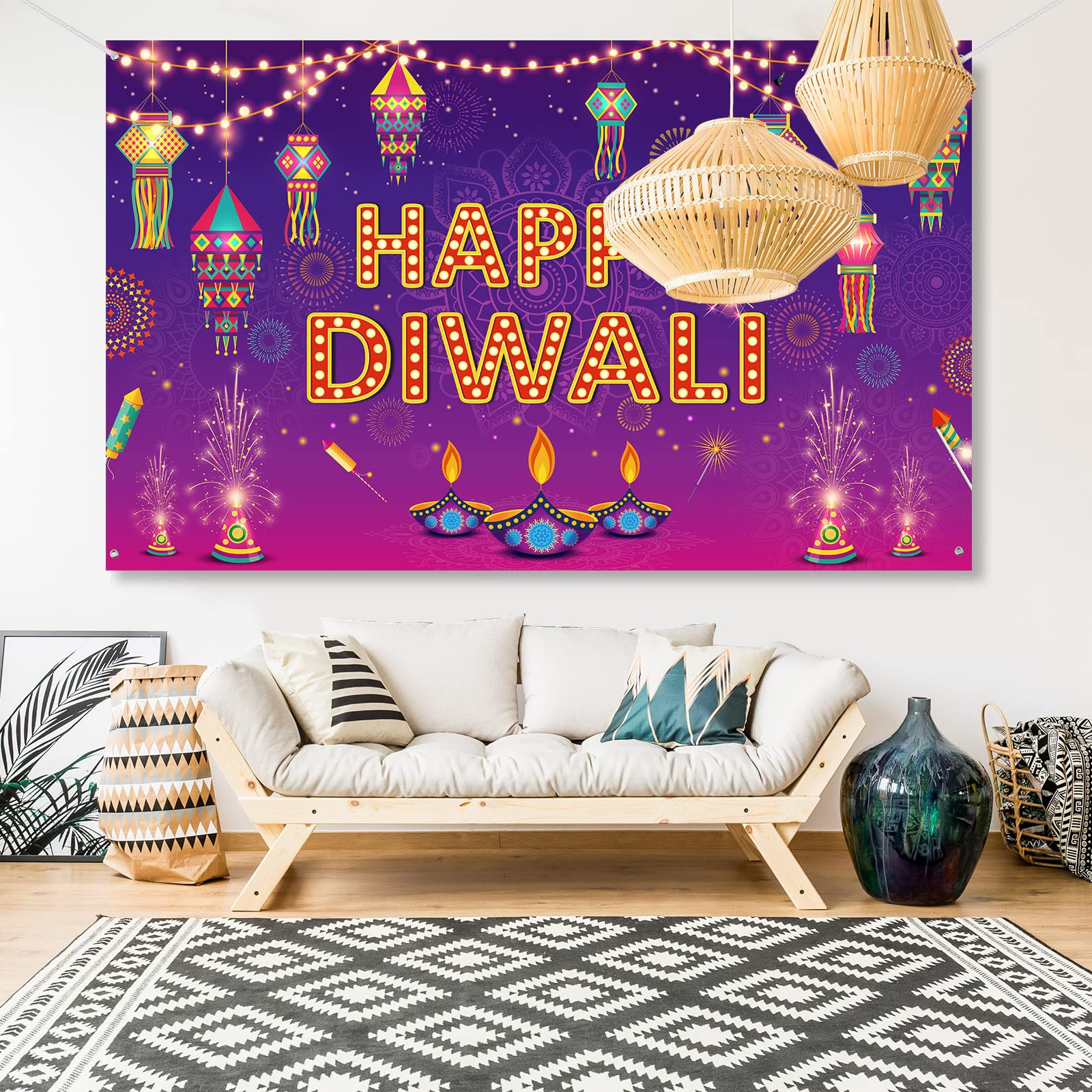 Happy Diwali Backdrop Banner Decorations 73 * 43 Inch Happy Diwali Banner Rangoli Lantern Photography Deepavali Photography Background for Outdoor Home Indian Festival of Lights Party Supplies