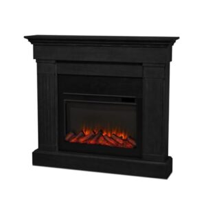 real flame crawford slim indoor electric fireplace, black, free-standing with real wood mantel finish - 6 flame colors, adjustable thermostat, 120v, 1400w, 5100 btus