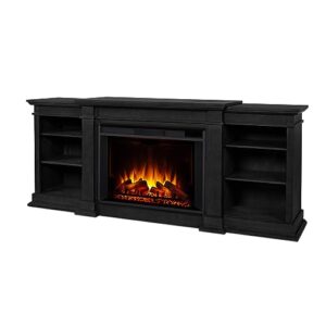 real flame eliot grand electric fireplace tv stand, solid wood with adjustable shelves, includes mantel, firebox & remote control, black