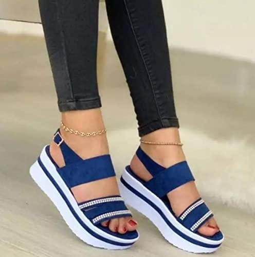 HIONRE Sandals Womens Wedge,Solid Color Simple Women's Shoes, Thick Sole Fashion Sandals,Blue,39,Breathable Wedges Sandals