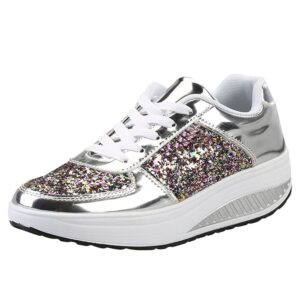 women's wedge sneakers fashion sequins shake shoes casual low top lace-up sports shoes durable non slip platform walking shoe silver