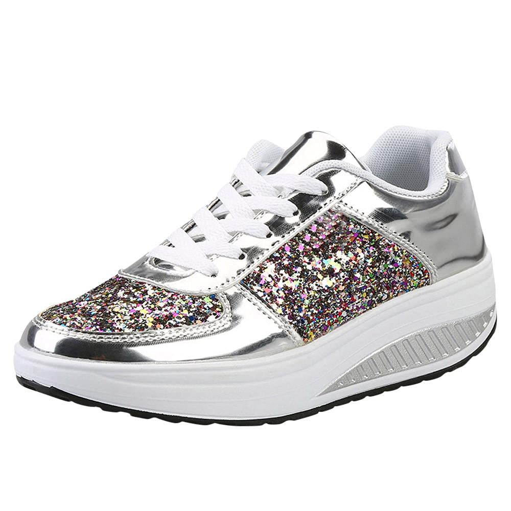 Women's Wedge Sneakers Fashion Sequins Shake Shoes Casual Low Top Lace-up Sports Shoes Durable Non Slip Platform Walking Shoe Silver