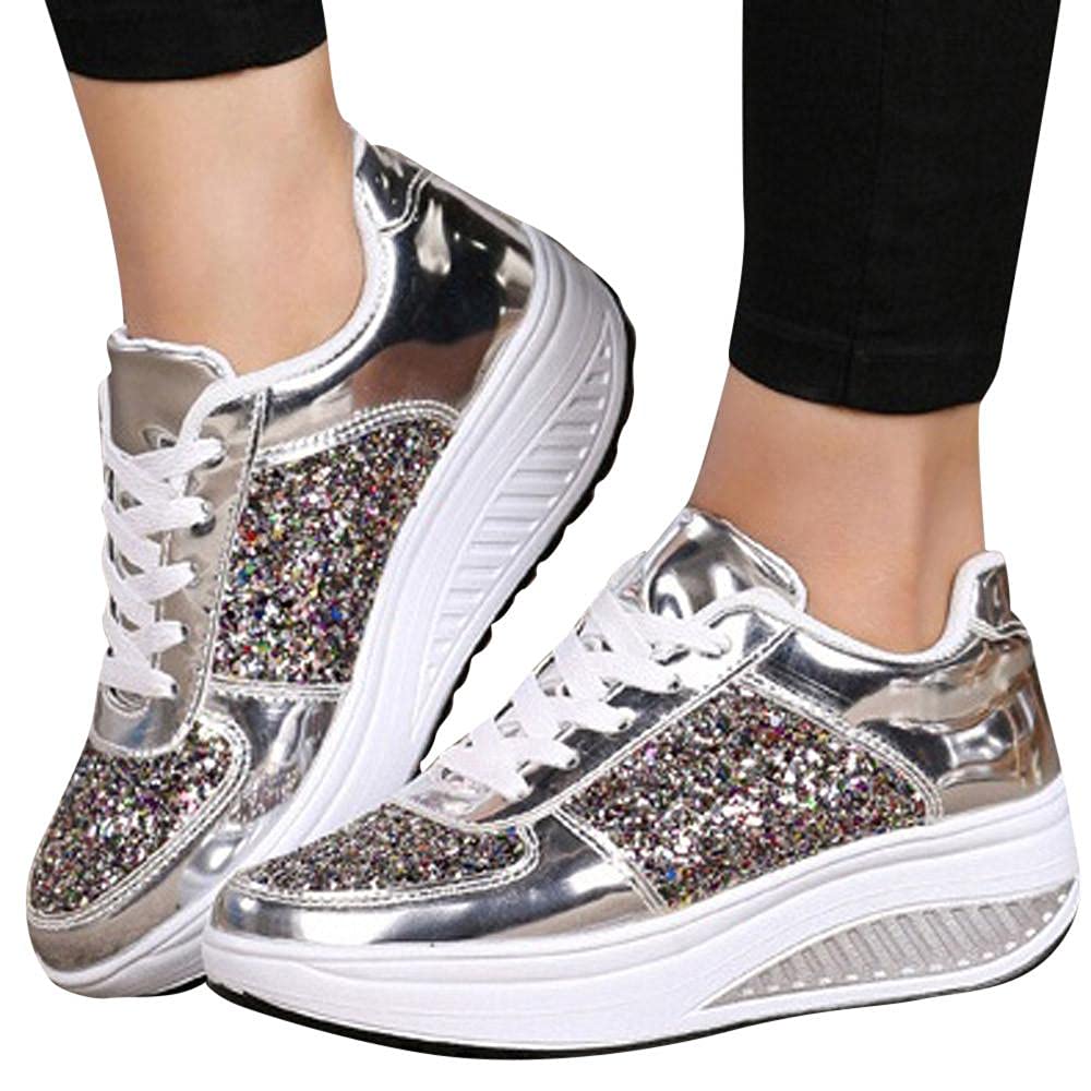 Women's Wedge Sneakers Fashion Sequins Shake Shoes Casual Low Top Lace-up Sports Shoes Durable Non Slip Platform Walking Shoe Silver