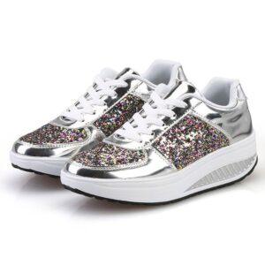 Women's Wedge Sneakers Fashion Sequins Shake Shoes Casual Low Top Lace-up Sports Shoes Durable Non Slip Platform Walking Shoe Silver