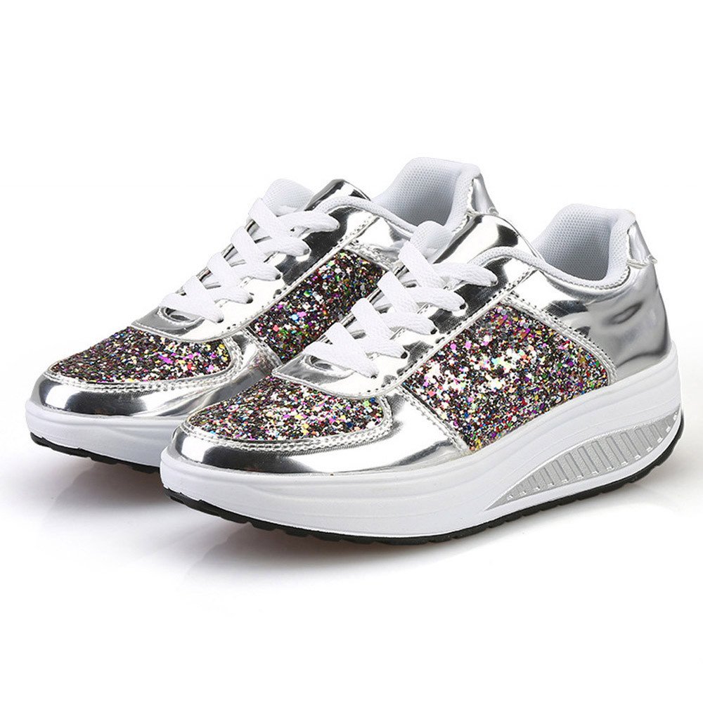 Women's Wedge Sneakers Fashion Sequins Shake Shoes Casual Low Top Lace-up Sports Shoes Durable Non Slip Platform Walking Shoe Silver