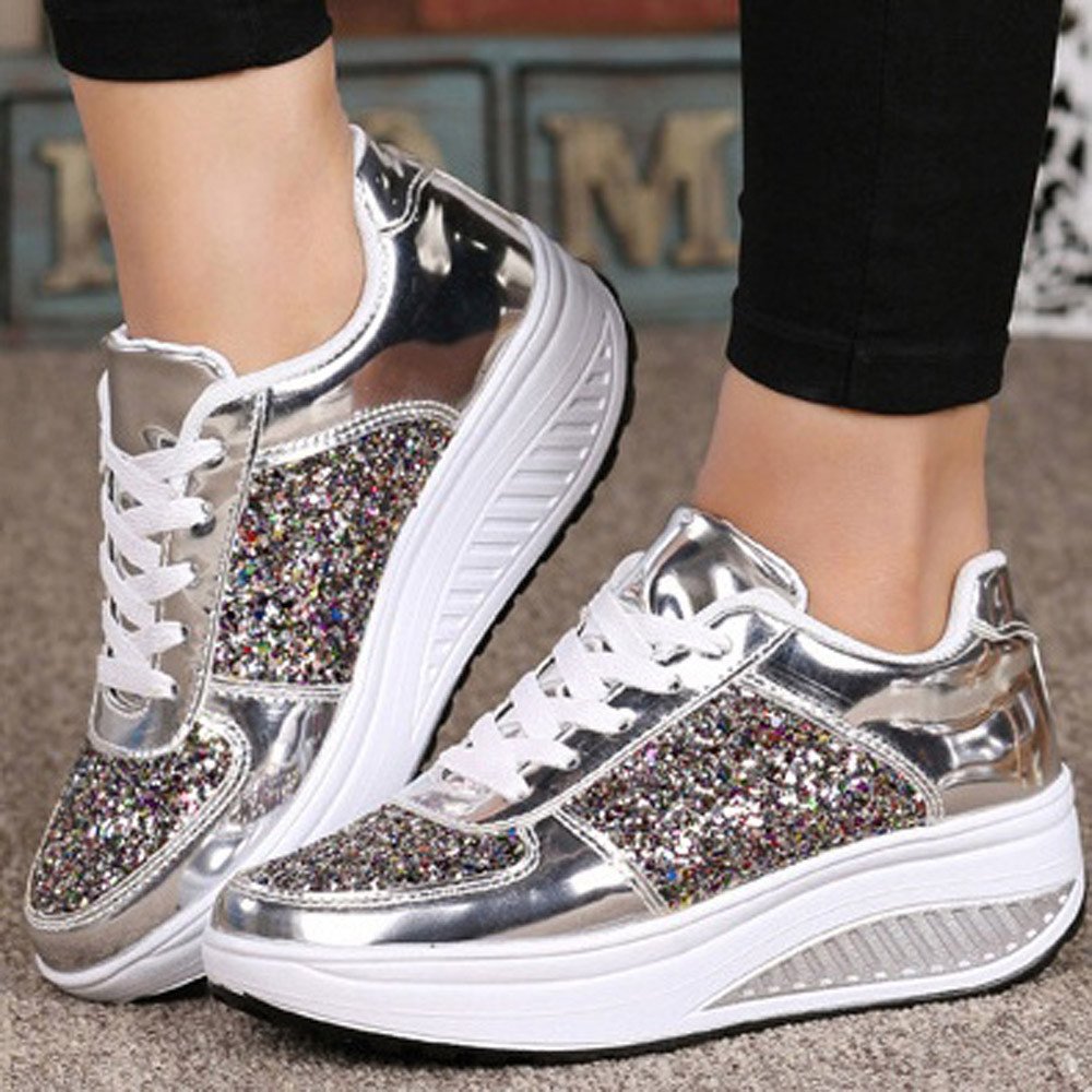 Women's Wedge Sneakers Fashion Sequins Shake Shoes Casual Low Top Lace-up Sports Shoes Durable Non Slip Platform Walking Shoe Silver