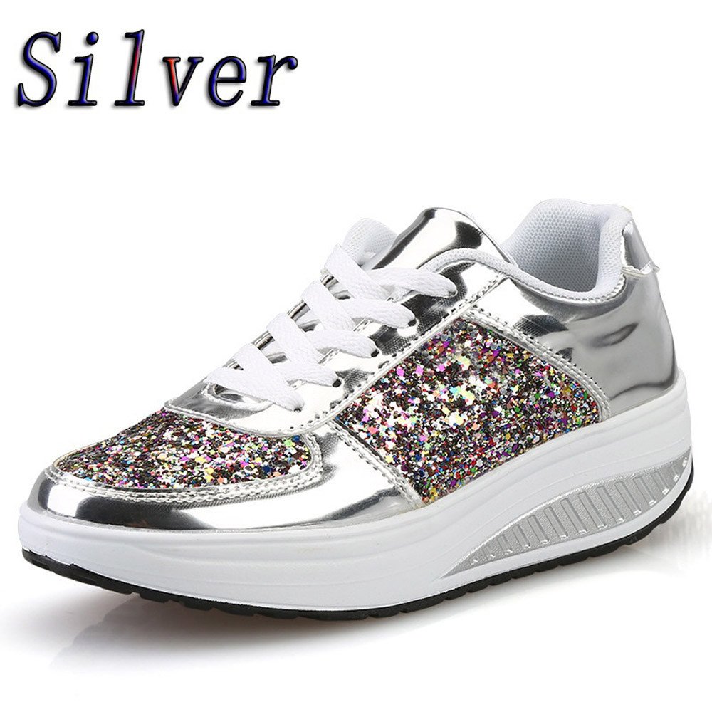 Women's Wedge Sneakers Fashion Sequins Shake Shoes Casual Low Top Lace-up Sports Shoes Durable Non Slip Platform Walking Shoe Silver