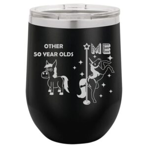12 oz double wall vacuum insulated stainless steel stemless wine tumbler glass coffee travel mug with lid 50 year old superstar unicorn funny 50th birthday (black)