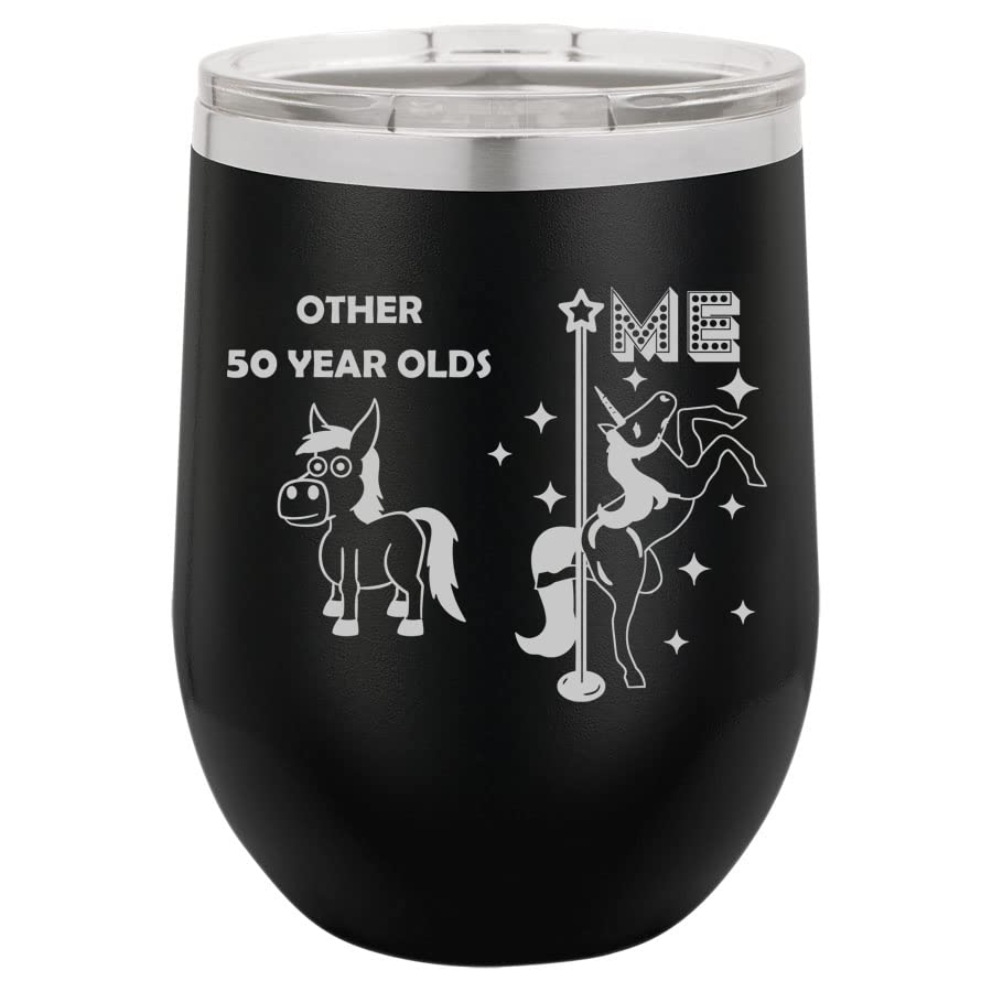 12 oz Double Wall Vacuum Insulated Stainless Steel Stemless Wine Tumbler Glass Coffee Travel Mug With Lid 50 Year Old Superstar Unicorn Funny 50th Birthday (Black)