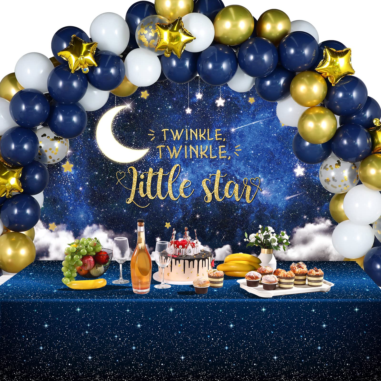 Twinkle Twinkle Little Star Baby Shower Decorations Navy Blue White Confetti Gold Foil Balloon Arch Kit Twinkle Twinkle Little Star Backdrop Space Tablecloth for Baby Shower Birthday Party Supplies