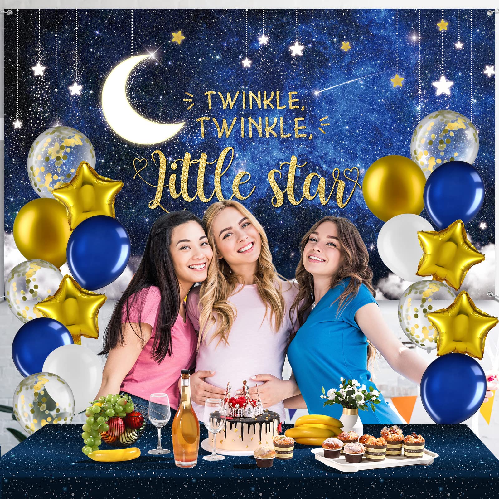 Twinkle Twinkle Little Star Baby Shower Decorations Navy Blue White Confetti Gold Foil Balloon Arch Kit Twinkle Twinkle Little Star Backdrop Space Tablecloth for Baby Shower Birthday Party Supplies