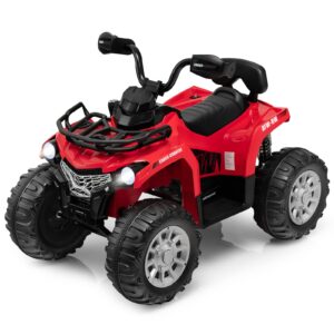 costzon kids atv, 12v battery powered electric vehicle w/music, headlights, mp3, spring suspension, high & low speed, treaded tires, storage basket, ride on 4 wheeler quad for 3-8 years old (red)