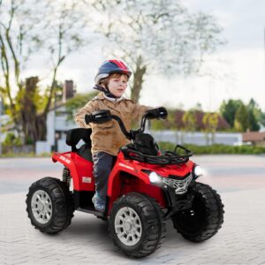 Costzon Kids ATV, 12V Battery Powered Electric Vehicle w/Music, Headlights, MP3, Spring Suspension, High & Low Speed, Treaded Tires, Storage Basket, Ride on 4 Wheeler Quad for 3-8 Years Old (Red)