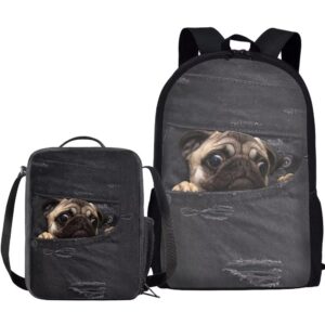 amzprint 2pc pug backpack with lunch box for elementary middle school 17 inch lightweight children school bags for girls