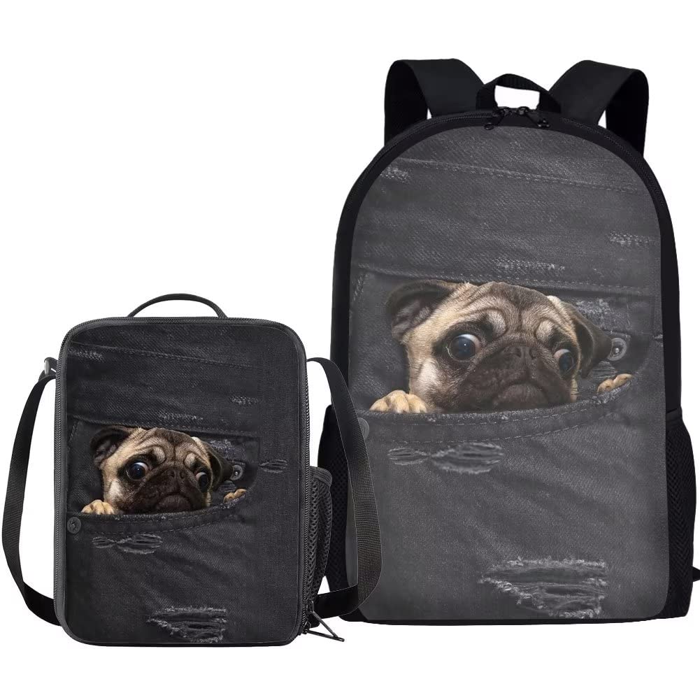 AmzPrint 2pc Pug Backpack With Lunch Box For Elementary Middle School 17 Inch Lightweight Children School Bags For Girls