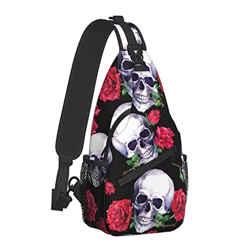 FyLybois Rose and Skull Sling Bag for Travel Crossbody Bags for Women Sling Backpack Outdoor Cycling Hiking