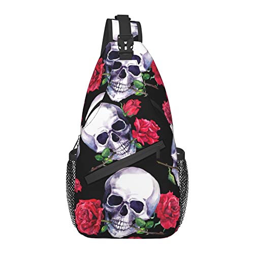 FyLybois Rose and Skull Sling Bag for Travel Crossbody Bags for Women Sling Backpack Outdoor Cycling Hiking